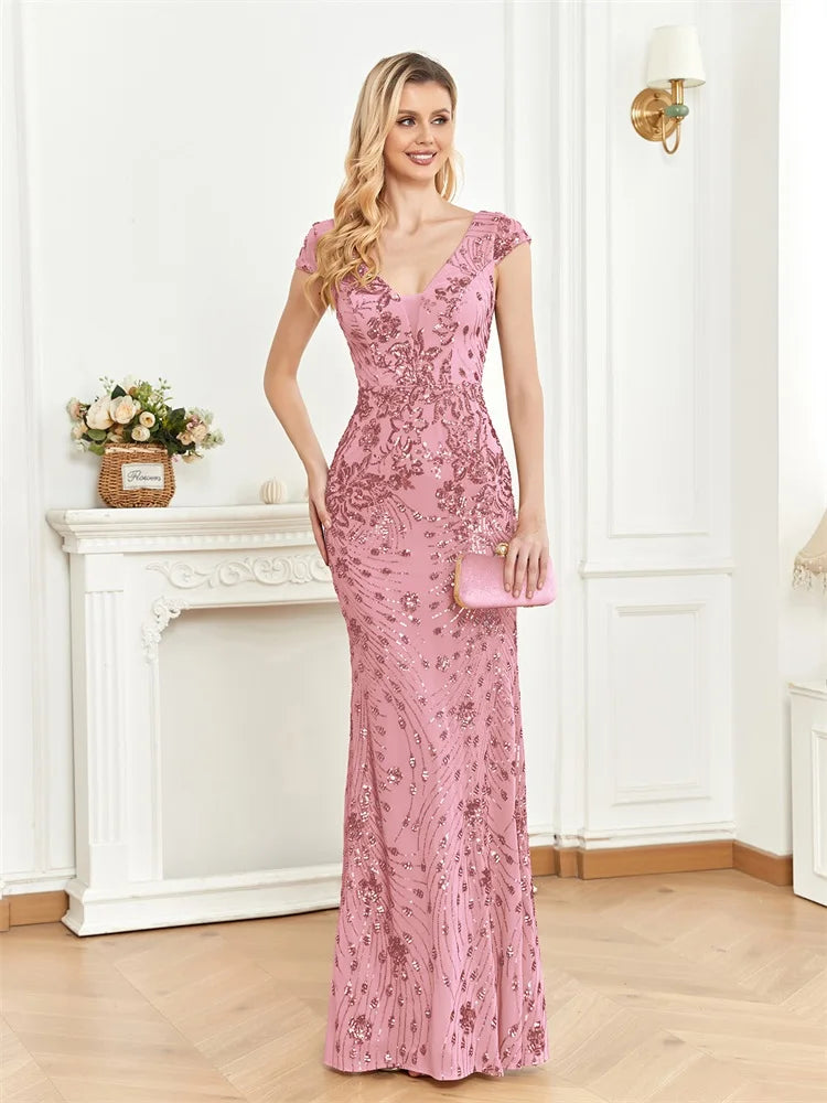 Elegant Champagne Evening Dress For Women Long 2024 Luxury Mermaid Formal Sequins Prom Wedding Party Cocktail Dresses