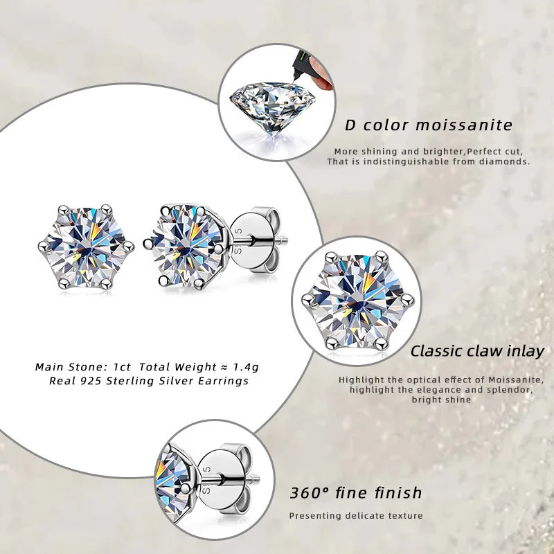 Real 1 CT D Color Moissanite Stud Earrings For Women Top Quality 925 Sterling Silver Sparkling Wedding Jewelry