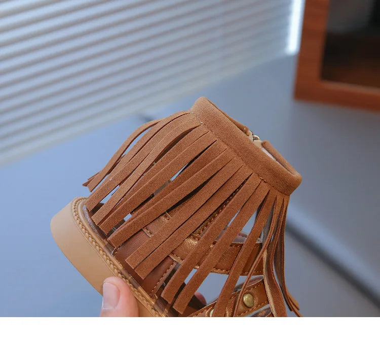 England Style Fashion Tassel Sandals Summer New Side Zipper Rivet High-top Sandals Student Beige Brown Roman Shoes Fringe I05235