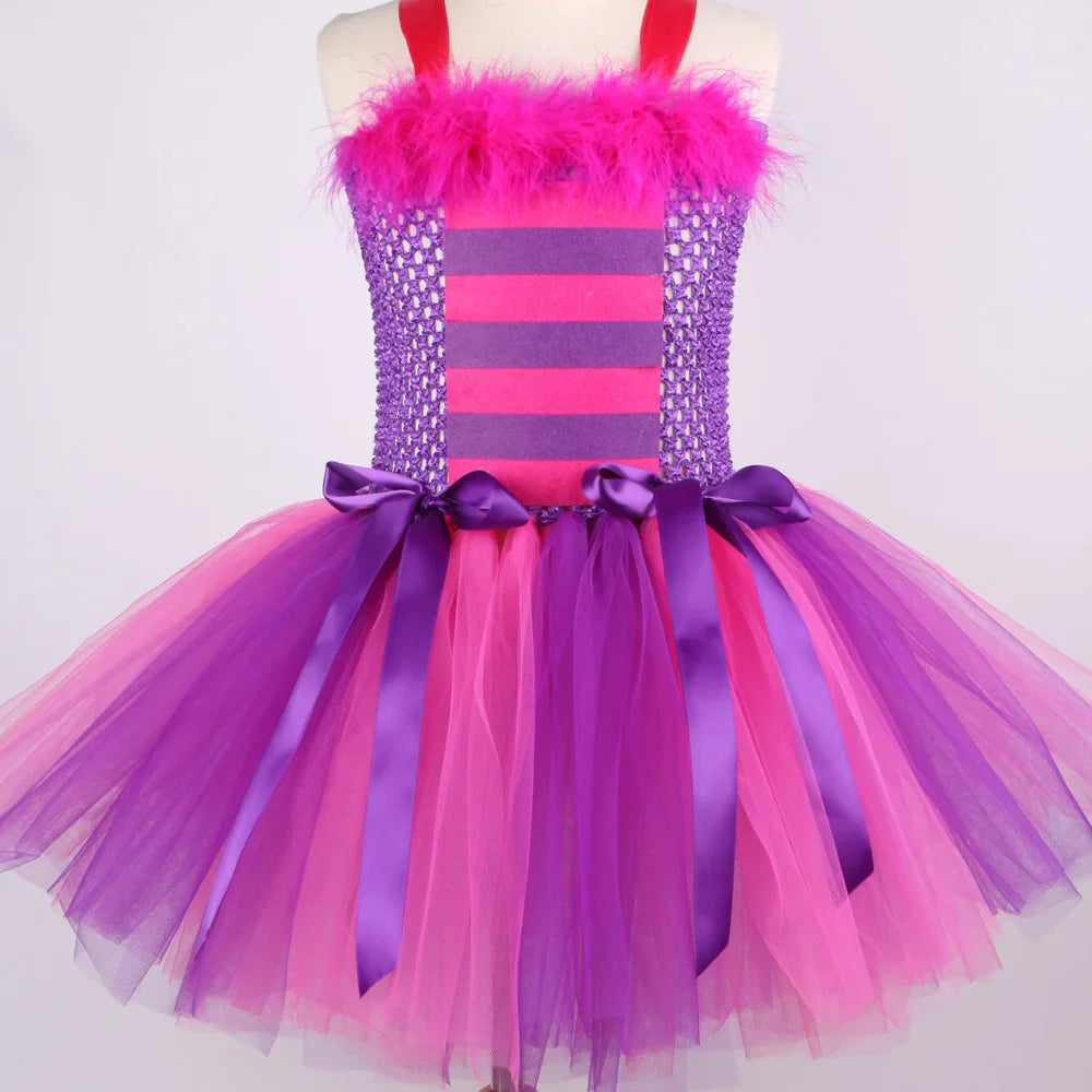 Fantasias Gato Cheshire Rosa Pink e Roxo para Bebês Meninas Roupa de Tutu Chique de Animal para Crianças Festa de Carnaval com Orelhas Laço e Meias