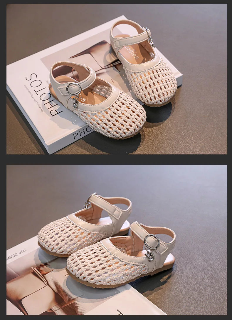 2026 Summer New Girls Woven Princess Shoes Cute Soft Sole Closed Toe Sandals Korean Style Kids Beach Shoes