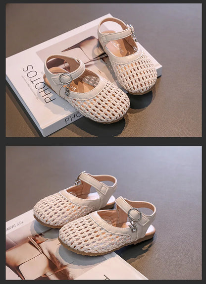 2026 Summer New Girls Woven Princess Shoes Cute Soft Sole Closed Toe Sandals Korean Style Kids Beach Shoes