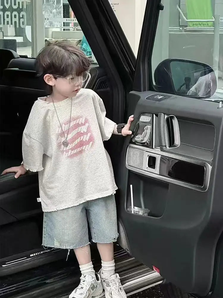 Toddler Boys 2Pcs Summer Outfits Letter Print Short Sleeve T-Shirt Ripped Denim Shorts Set Kids Boys Casual Daily Clothes 2-6Y