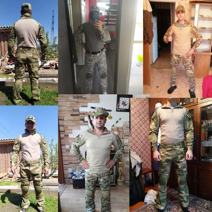 Outdoor Tactical Uniform Military Camo Hiking Training Shirts Workwear Cargo Pants+Pads Airsoft Paintball Hunting Clothes Sets