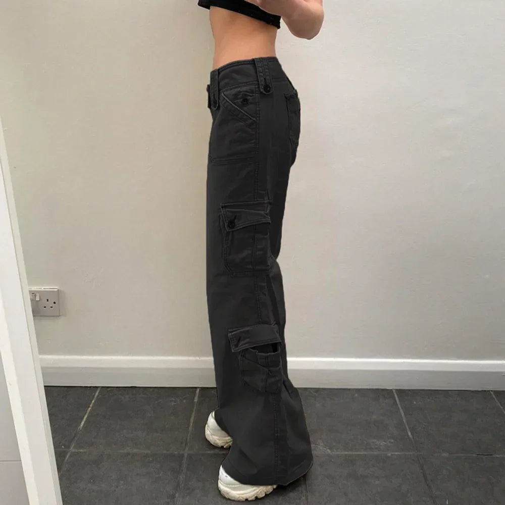 Calça Cargo Feminina Jeans Reta Casual Street Retrô