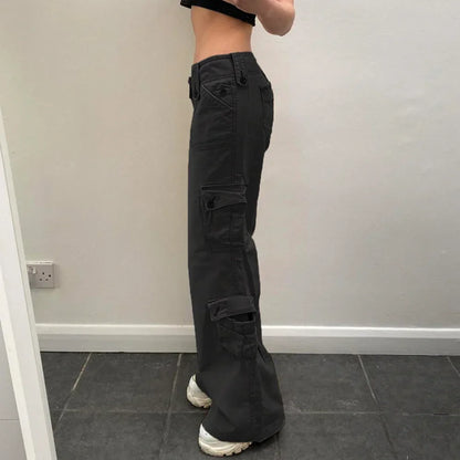 Calça Cargo Feminina Jeans Reta Casual Street Retrô