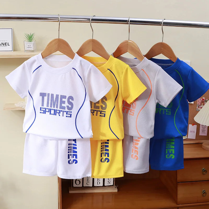 New children's set boys' summer Korean version letter printed quick drying short sleeved shorts sports set