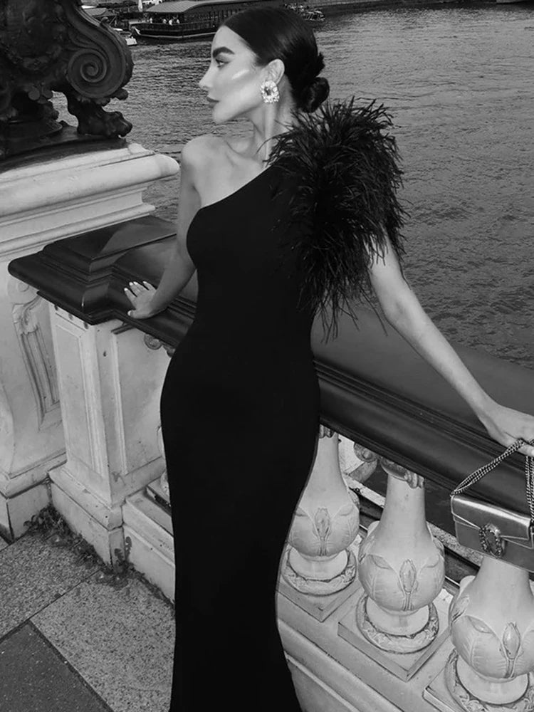 Black Sleeveless One Shoulder Maxi Dress For Women Bodycon Sexy Party Elegant Long Dress Birthday Evening Outfit