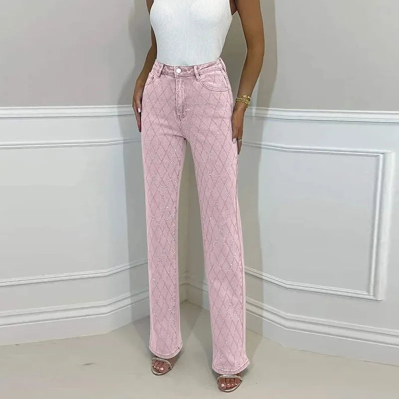 Y2K Women Rhinestone-Shaped Denim Trousers