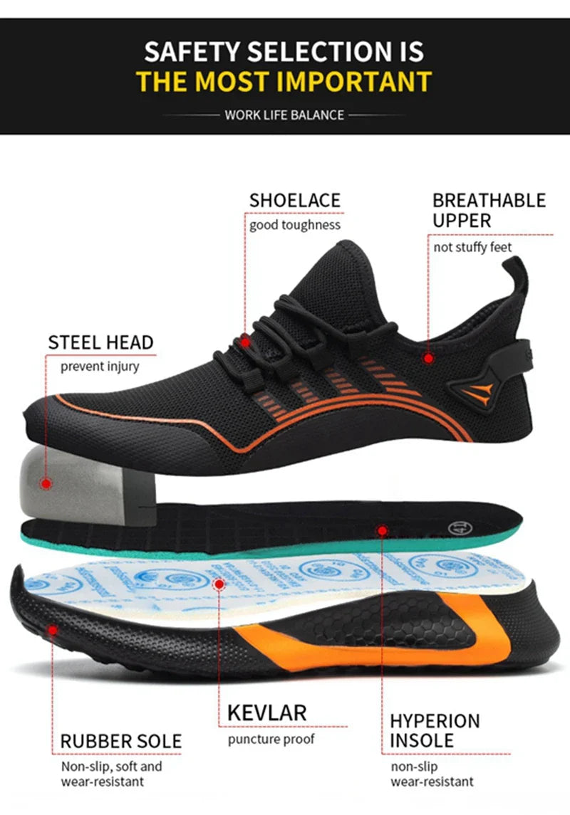 Men's Safety Shoes Anti- Crush Steel Toe Puncture Resistant Kevlar Lightweight Breathable Upper Slip-On Work Shoes
