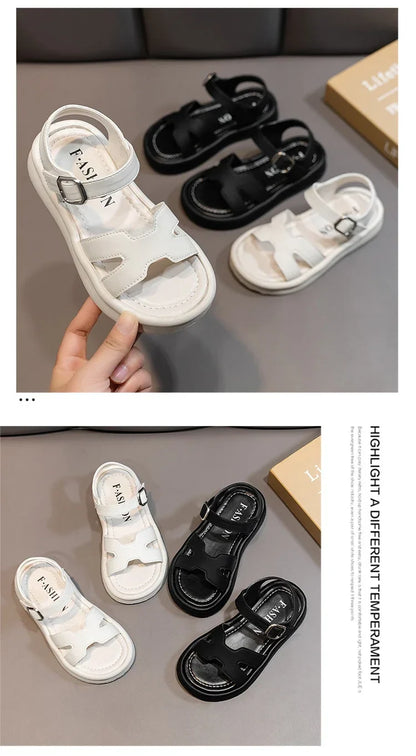 New Summer Girl Sandals Fashion Solid Color Children Causal Versatile Open-toe Beach Shoes Breathable Kids Thick Bottom Sandals