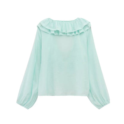 Women Fashion Long Sleeve V Neck Tierred Ruffles Loose Blouse Female Solid Color Casual Shirts Blusas Chic Tops LS6317