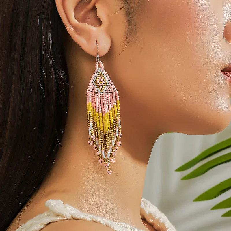 White Rice Beads Earrings For Women Retro Boho Tassels Water Drop Earrings Exaggerated Ethnic Style Earrings Jewelry