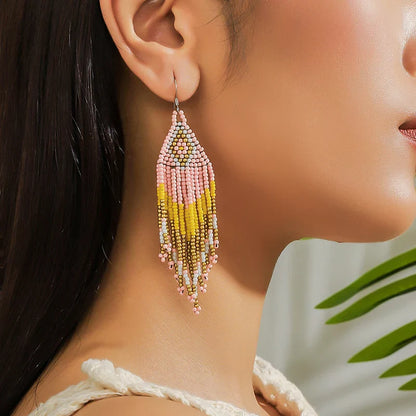 White Rice Beads Earrings For Women Retro Boho Tassels Water Drop Earrings Exaggerated Ethnic Style Earrings Jewelry