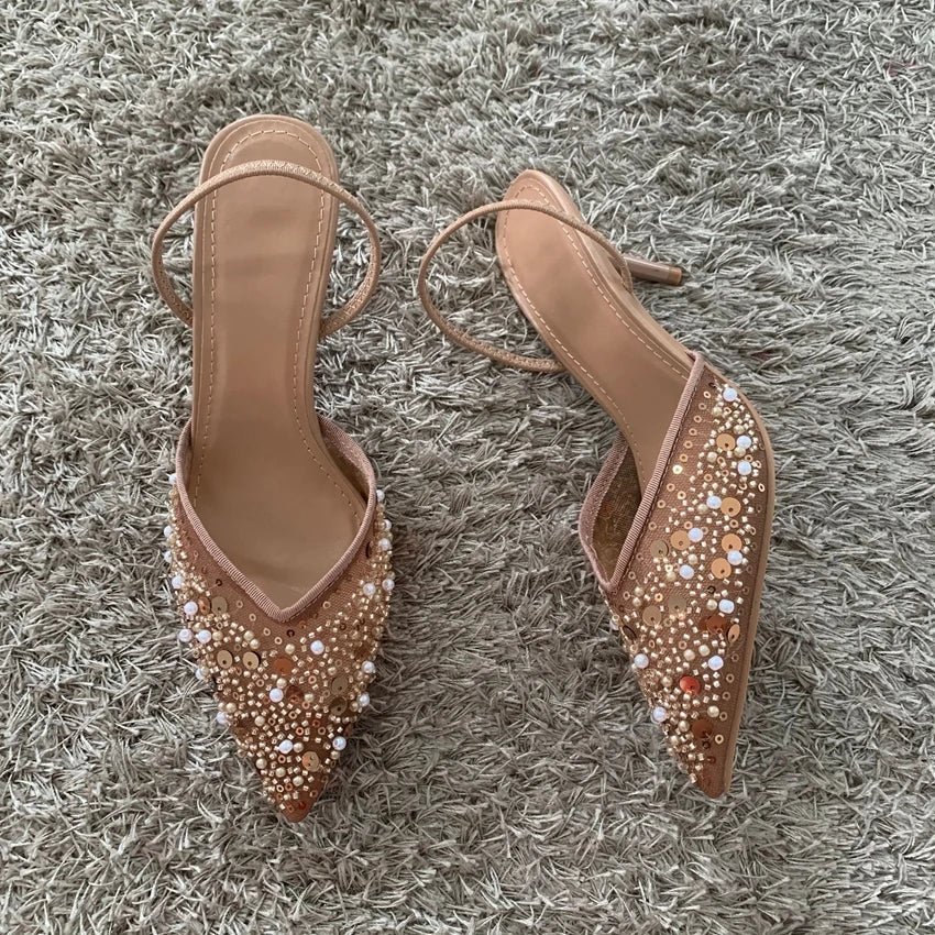 Luxury Fashion Bling String Bead Mesh High Heels Women Sexy Pointed Toe Breathable Heeled Sandals Elegant Slingbacks Women Pumps