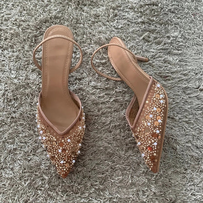 Luxury Fashion Bling String Bead Mesh High Heels Women Sexy Pointed Toe Breathable Heeled Sandals Elegant Slingbacks Women Pumps