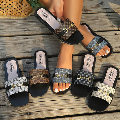 New Spring and Summer Slip-On Slippers for Women, Fashionable Casual Style, Roman Style, Slip-On Slippers for Outdoor Wear, Comfortable Beige and Brown Flat Slippers, French High-End Slippers, Women's Beach Shoes, New Fairy-S