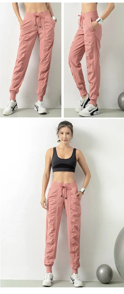 Fabric Drawstring Running Sport Joggers Women Quick Dry Athletic Gym Fitness Sweatpants with Two Side Pockets Exercise Pants