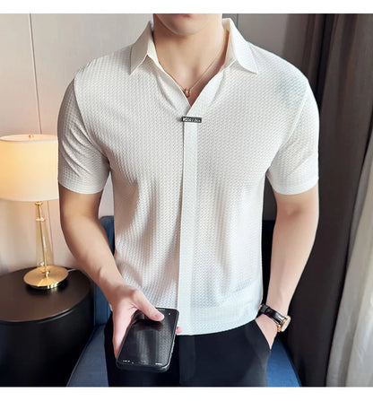 High-Grade Ice Silk Seamless Adhesive Polo Shirt, High-Elastic V-neck Thin Waffle Short-Sleeved Golf Shirt, T-shirt