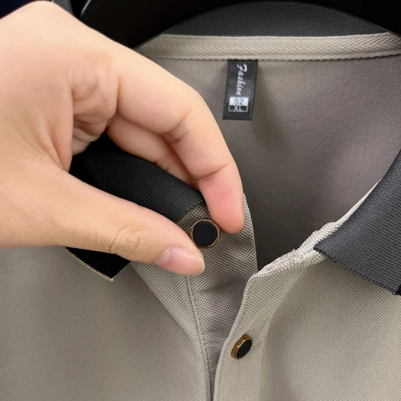 Original Design Men's Lapel Polo Shirt Autumn New Solid Color Print Long Sleeve T-Shirt High-End Business Leisure Men's Clothing