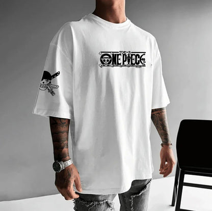 The Latest ONE PIECE Japanese-style Animation Loose Large-size Retro Heavy Cotton Couple Crew Neck Short-sleeved T-shirt