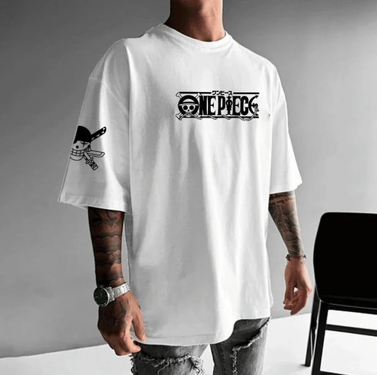 The Latest ONE PIECE Japanese-style Animation Loose Large-size Retro Heavy Cotton Couple Crew Neck Short-sleeved T-shirt