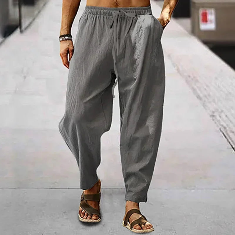 Men spring Summer Cotton Linen Waist Wide-Leg Trousers Men Solid Elastic Waist Streetwear Joggers New Baggy Casual long Trousers