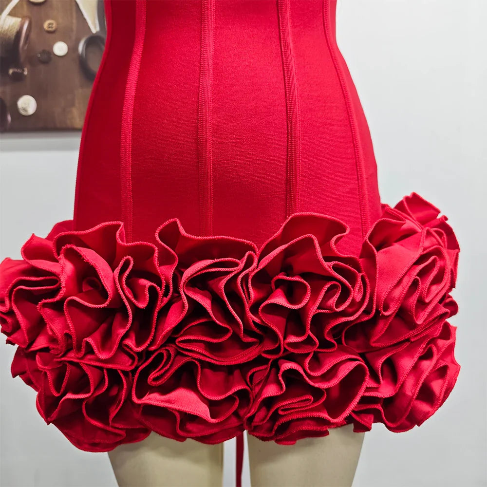 Christmas Dress Strapless Backless Red Structured Floral Embellished Mini Length Bodycon Celebrity Party Cocktail Dress