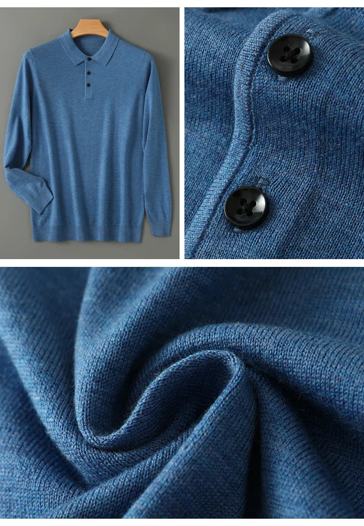 Spring Autumn Men Shirt  Merino Worsted Wool Knitted Pullover Long Sleeve Polo-Collar Clothing Tops Smart Casual Thin Outerwears