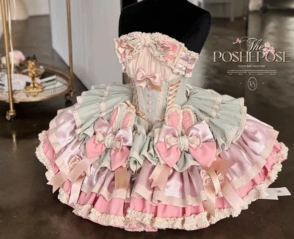 Girls Birthday Lolita Dress 2024 Spring and Summer Women's Tube Top Satin Bowknot Slim Pettiskirt Short Mini Party Dress