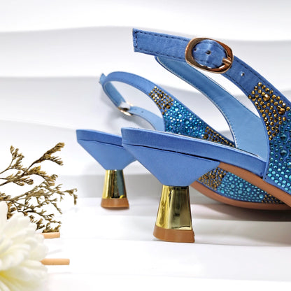 Italian Design Stylish And Elegant Sky Blue Rhinestone Embellished Satin Pointy Toe Pumps And Clutch Bag