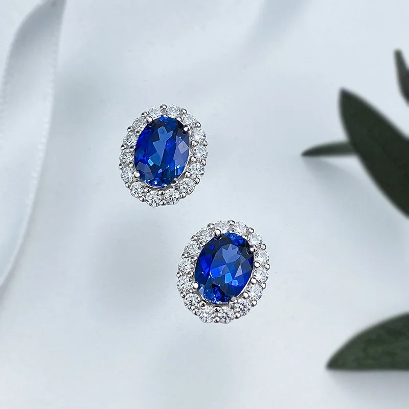 Classic Oval 6*8mm Red/Blue Zircon Stud Earrings For Women 100% 925 Sterling Silver Sparkling Wedding Fine Jewelry