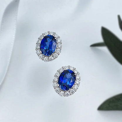 Classic Oval 6*8mm Red/Blue Zircon Stud Earrings For Women 100% 925 Sterling Silver Sparkling Wedding Fine Jewelry