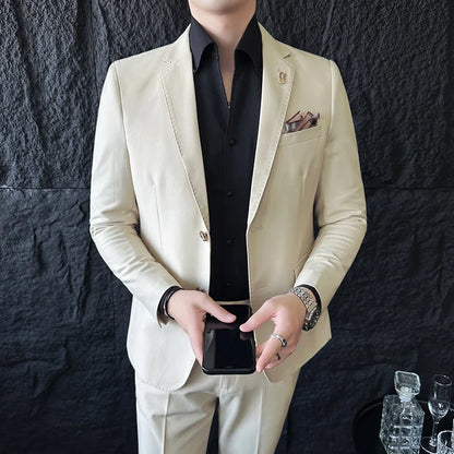 Men's Korean Style Slim Fit Suit Set, High Quality Fabric Solid Color Edge Pressing for Wedding Business