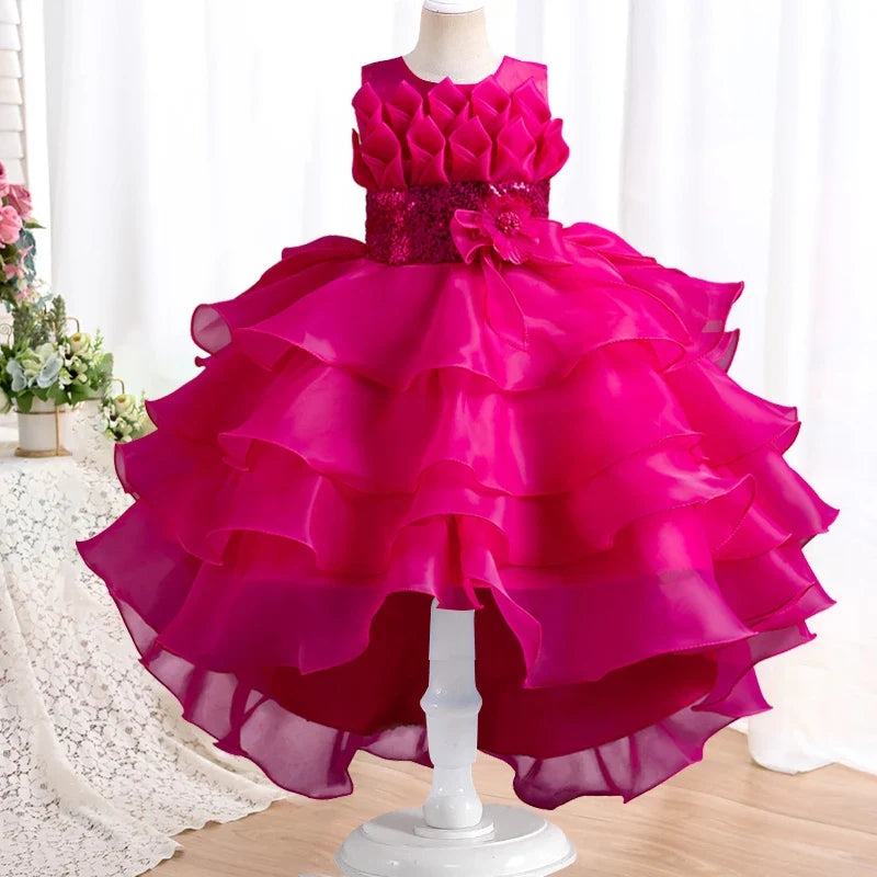 Summer Children's Wedding Flower Girl Tail Organza Elegant Evening Dress Bow Cute Birthday Party Girl Princess Dress