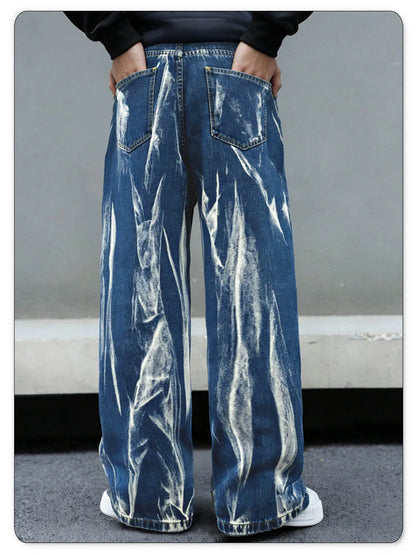 Four Season Men's Baggy Straight Wide-Leg Jeans Personalized Design Tie Dye Denim Pants Baggy Unisex Daily Casual Men's Clothes