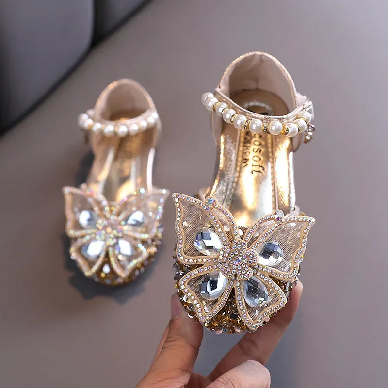 Kids Sandals for Girls Spring Summer Children Rhinestone Butterfly Dress Flat Sandals Fashion Causal Princess Pearl Single Shoes