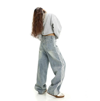 Retro Striped Loose Fit Low Waist Slimming Long Jeans