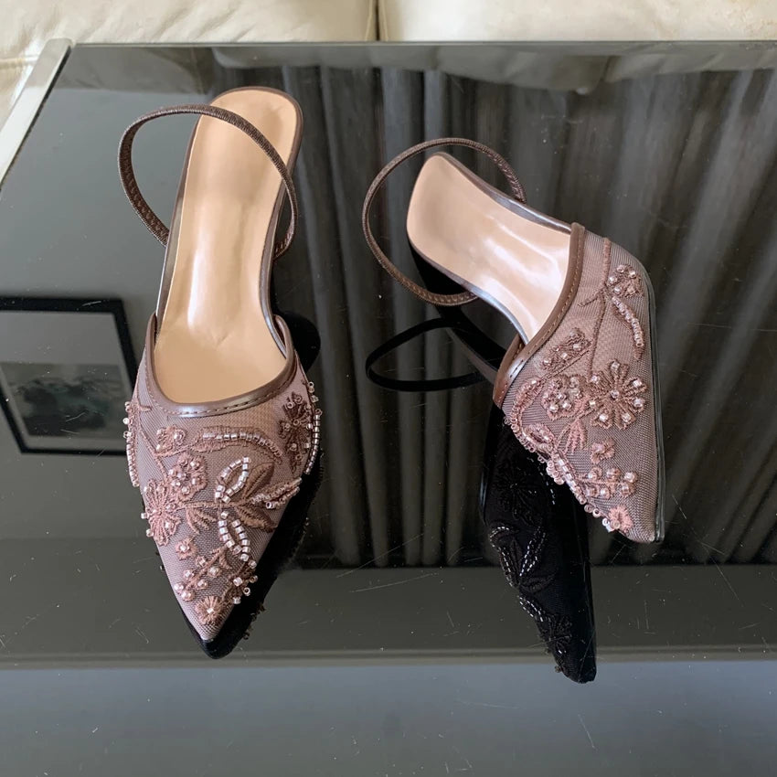 Summer Pointed Toe Mesh Embroider High Heels for ladies Elegant String Bead pumps Sexy Luxury Designer Shoe Brown Heeled Sandals