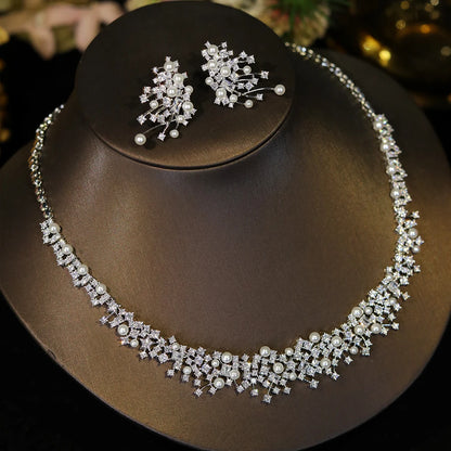 Gorgeous Cubic Zirconia Stone Choker Fashion Pearl Necklace for Women Wedding Bridal Costume Jewelry Set X0620