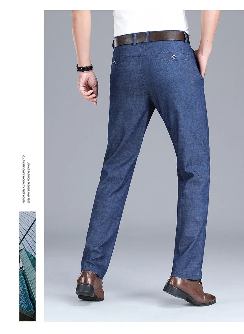2026 New Men's Summer Jeans Thin Loose Stretch Large Size Ice Silk Straight Pants Elite Business Casual Pants Smoke Gray Blue