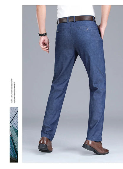 2026 New Men's Summer Jeans Thin Loose Stretch Large Size Ice Silk Straight Pants Elite Business Casual Pants Smoke Gray Blue