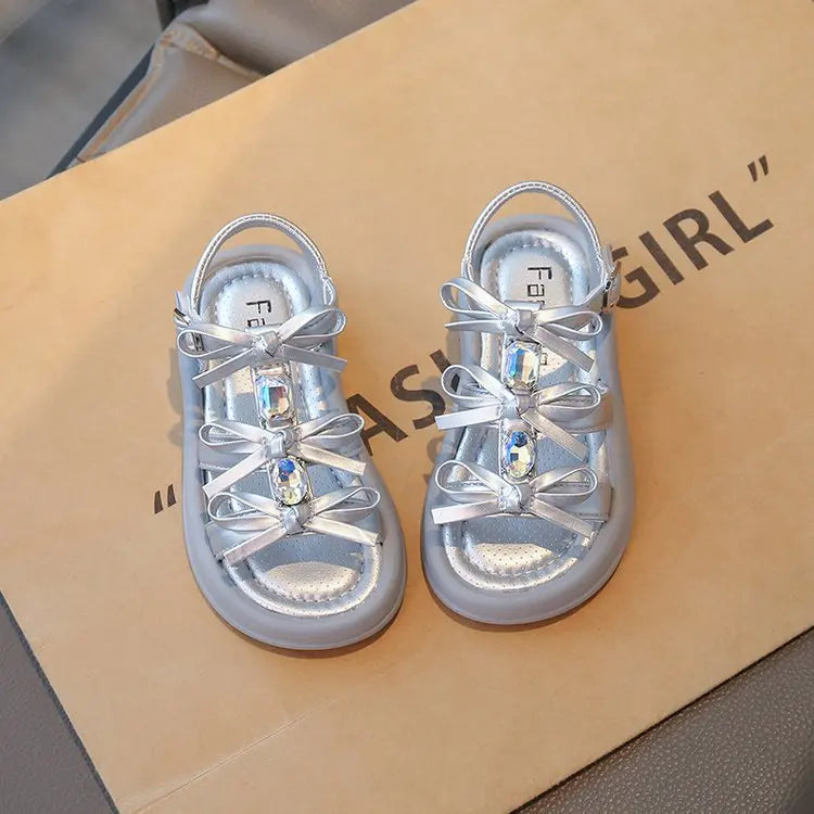 Summer Kids Fashion Hollow-out Roman Sandals Student Water Diamond Bow Sandals Sweet Bowknot Comfortable Elegant Girls Shoes