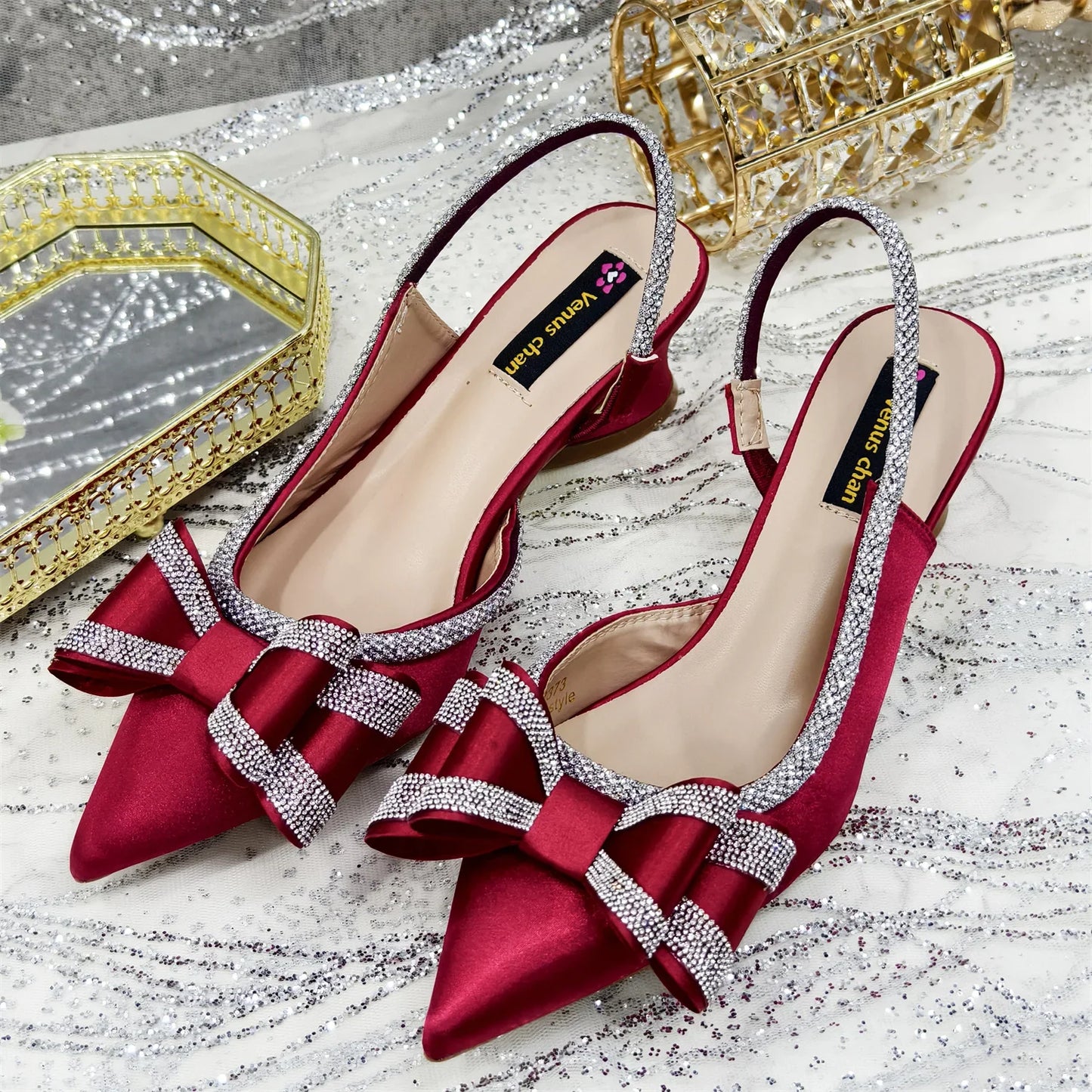 Shoes and Bag to Match Wine Colour Pointed-Toe Rhinestone Bow Party Women's High Heels