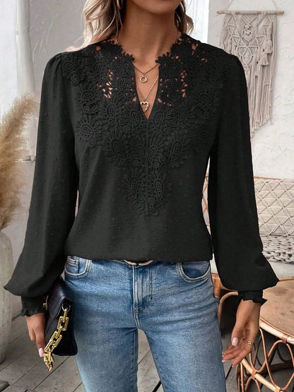 Womens Long Sleeve Sweaters Fall 2024 Trendy Sexy Lace V Neck Puff Sleeve Pullover Sweater Cute Tops