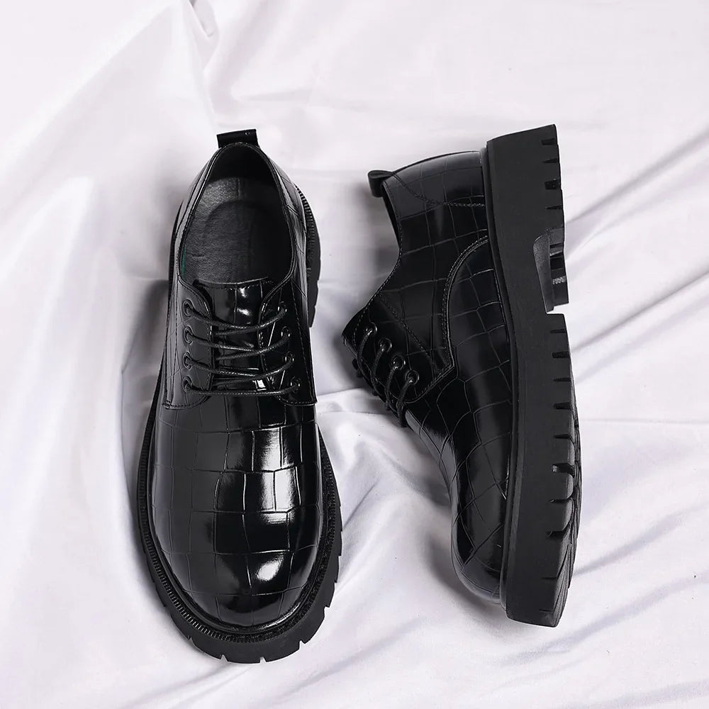 Business Formal Big Head Leather Shoes Men Spring Autumn Fashion Platform Shoes Male Lace Designer Stone Pattern Dress Shoes Man
