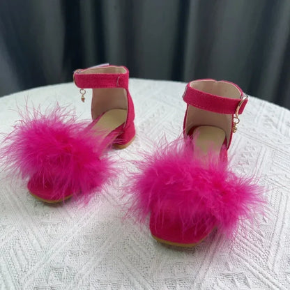 New Girls Low-heels Sandals Summer Fluffy Kids Princess Catwalk Shoes Open-toe Versatile Children Fashion Wedding Party Sandals