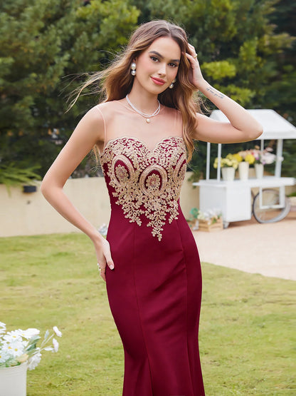 Burgundy Evening Dress Illusion O-Neck Sequins Appliques Sleeveless Mermaid Prom Dress Slim Empire Party Trumpet Gown