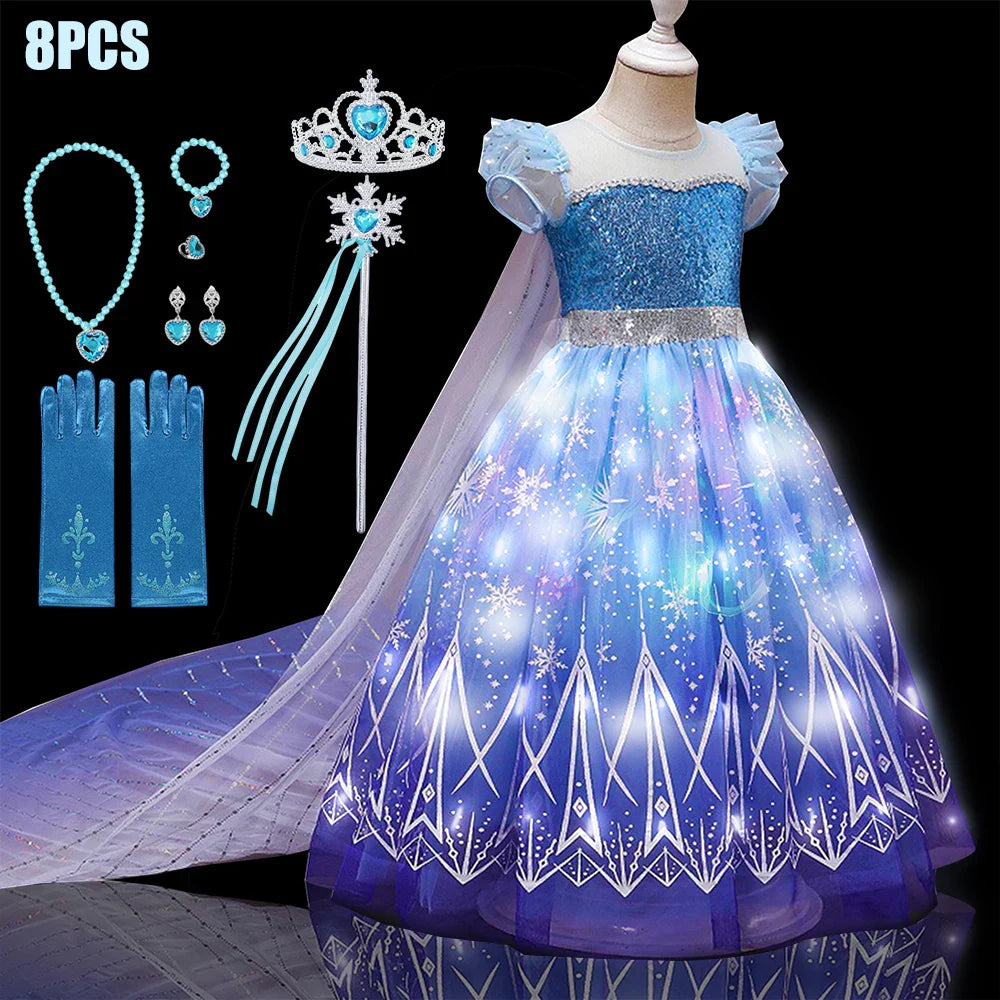 Fantasia Infantil Cosplay Elsa com LED Meninas Aniversário Festa Role Playing Vestido de Princesa com Capa Fantasia de Carnaval Halloween
