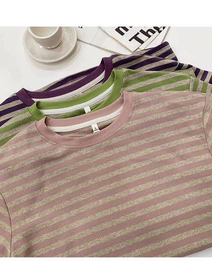 Summer Short Sleeve Striped T-Shirts Versatile Women Knitted Basic Casual Tops Female Cozy Loose Cotton Tees 2023 Harajuku Shirt